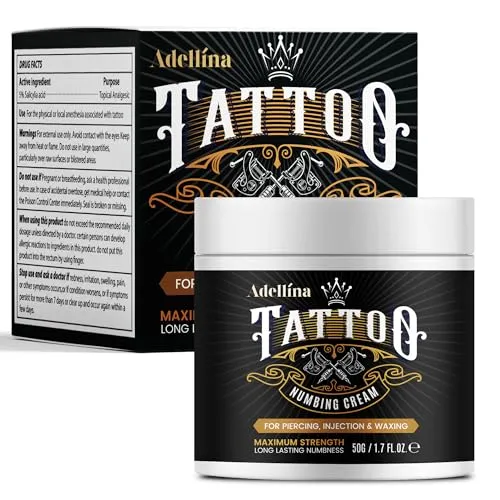 Adellina Tattoo Numbing Cream (50g/1.7oz), Painless Tattoo Numbing Cream Extra Strength, Numbing Cream for Tattoos, 6 Hours Maximum Strength, Tattoo Supplies