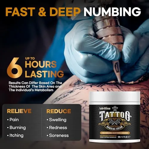 Adellina Tattoo Numbing Cream (50g/1.7oz), Painless Tattoo Numbing Cream Extra Strength, Numbing Cream for Tattoos, 6 Hours Maximum Strength, Tattoo Supplies