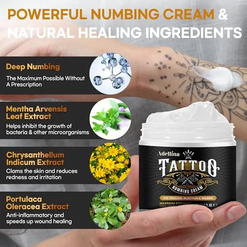 Adellina Tattoo Numbing Cream (50g/1.7oz), Painless Tattoo Numbing Cream Extra Strength, Numbing Cream for Tattoos, 6 Hours Maximum Strength, Tattoo Supplies