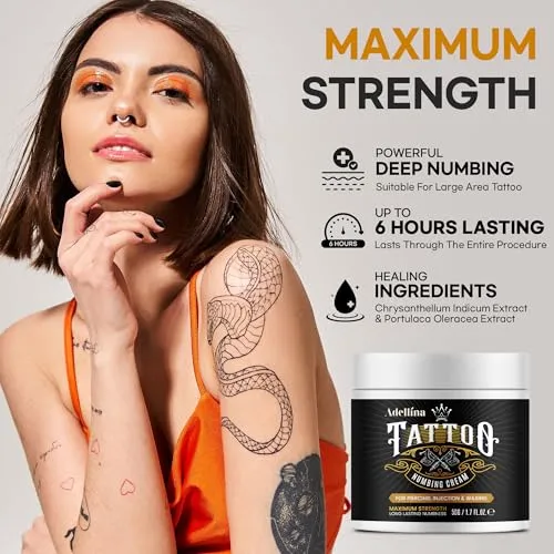 Adellina Tattoo Numbing Cream (50g/1.7oz), Painless Tattoo Numbing Cream Extra Strength, Numbing Cream for Tattoos, 6 Hours Maximum Strength, Tattoo Supplies