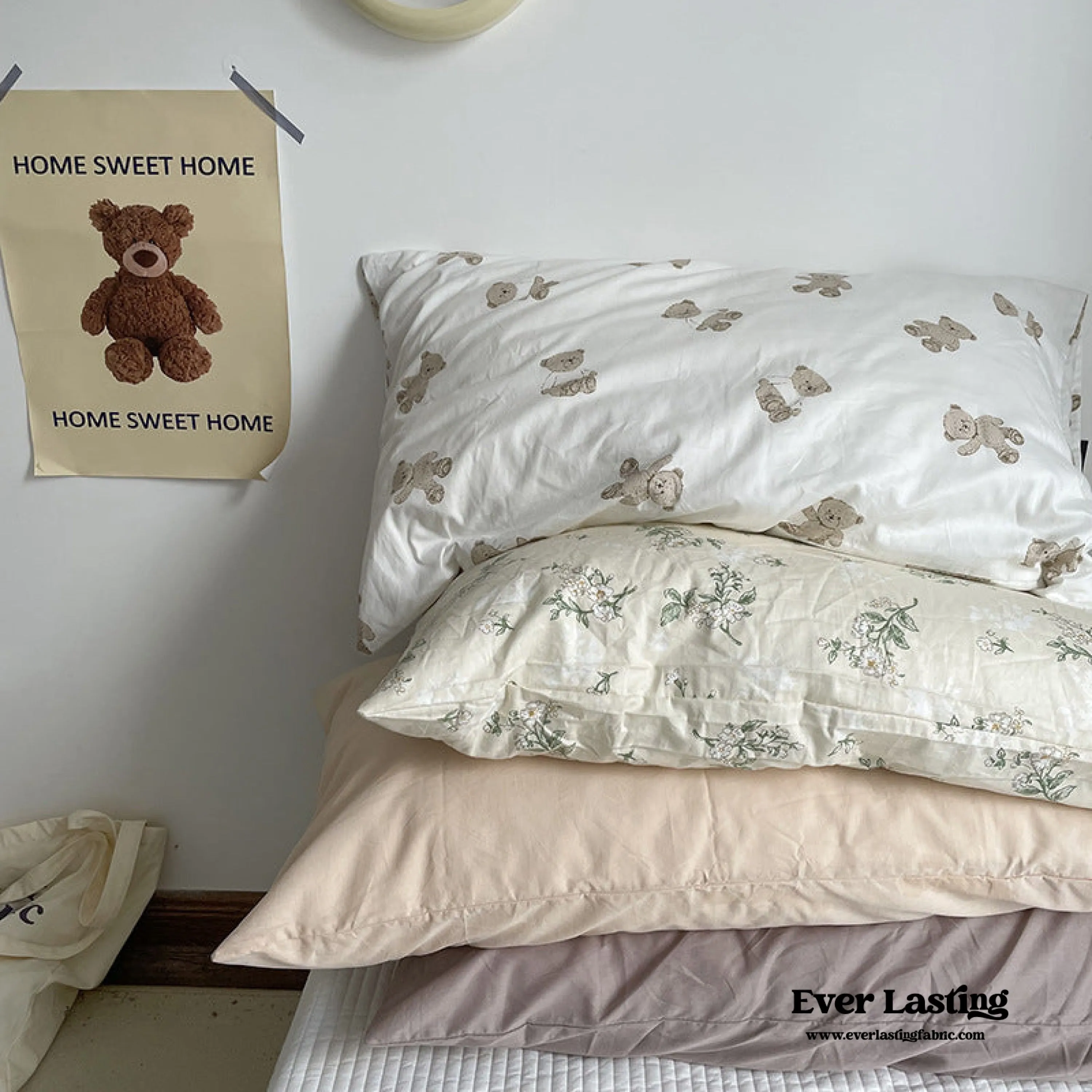 Assorted Washed Cotton Pillowcases / Floral Beige