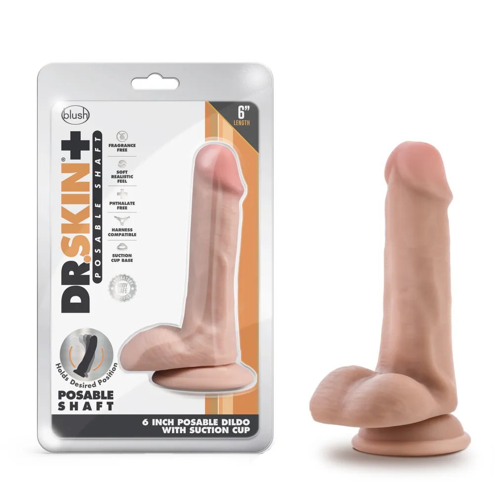 Dr. Skin Plus By Blush® | Realistic Vanilla 6.5-Inch Long Soft Yet Erect & Posable Dildo With Balls & Suction Cup Base
