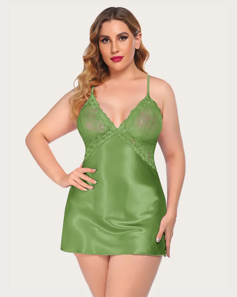 Floral Print Satin Sleepwear Lace Chemise