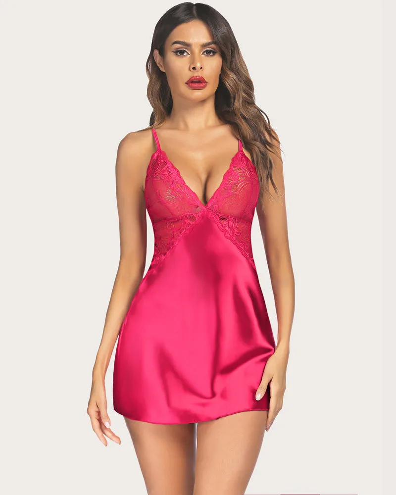 Floral Print Satin Sleepwear Lace Chemise