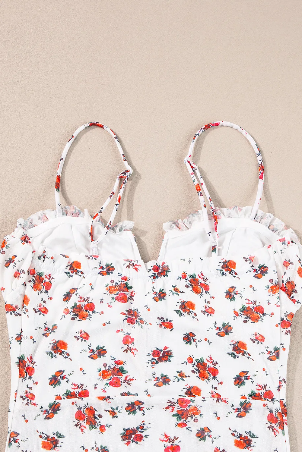 Floral V Cut Frilled Trim Straps Bodysuit