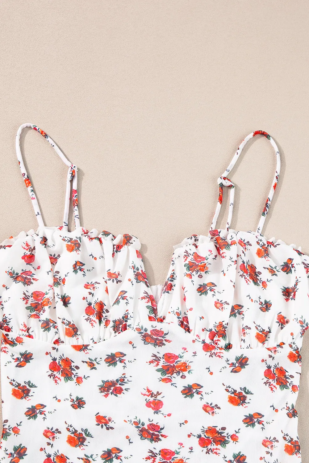 Floral V Cut Frilled Trim Straps Bodysuit