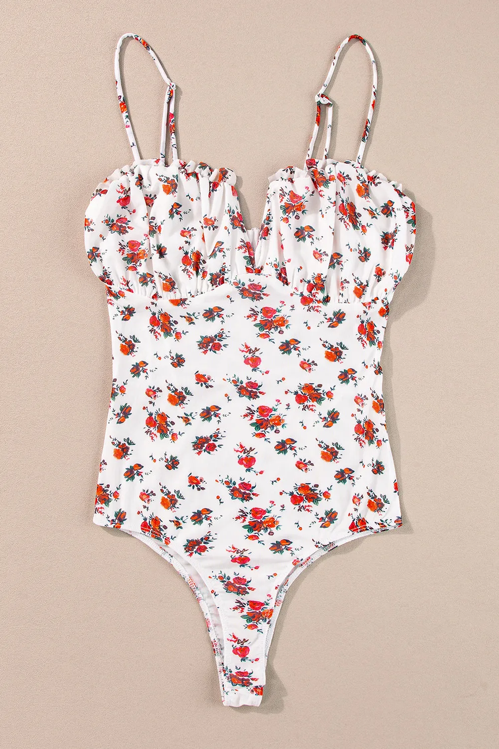 Floral V Cut Frilled Trim Straps Bodysuit