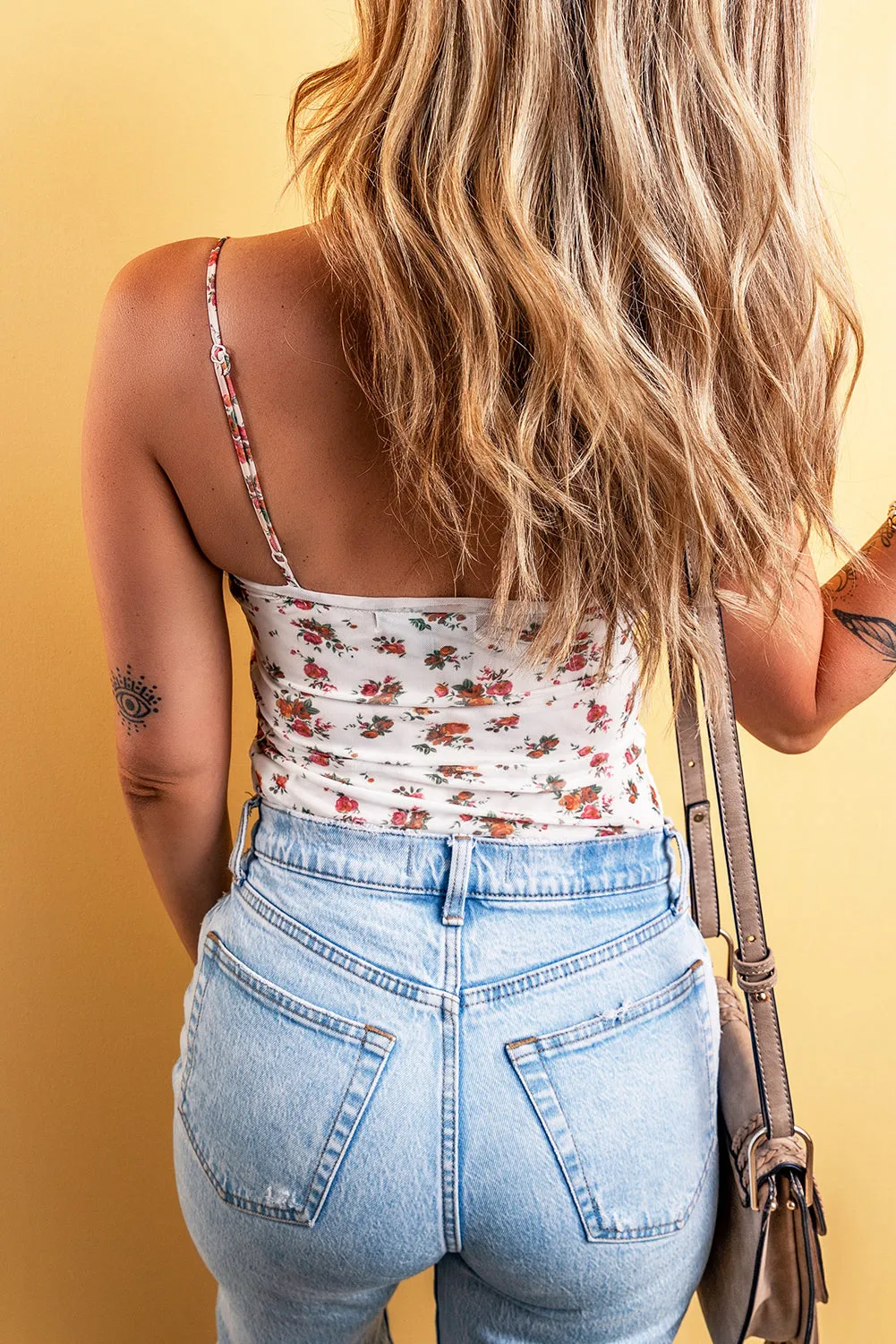 Floral V Cut Frilled Trim Straps Bodysuit