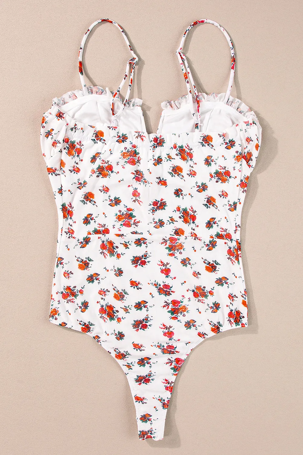 Floral V Cut Frilled Trim Straps Bodysuit