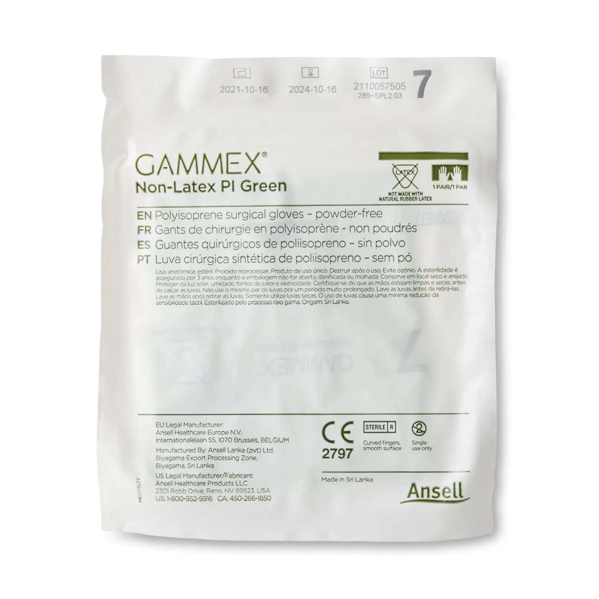 Gammex® Non-Latex PI Green Polyisoprene Surgical Glove, Size 7, Light Green