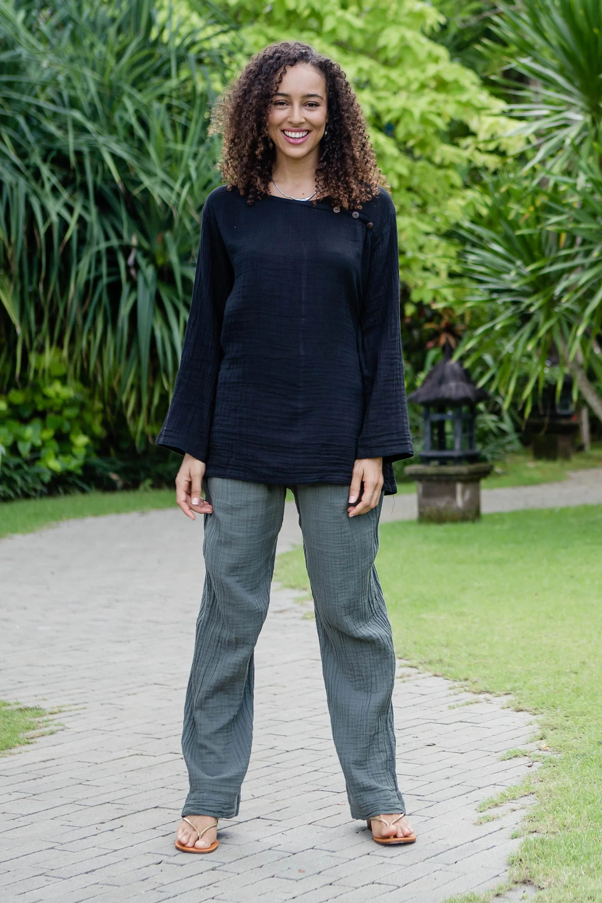 Hand Made Double Gauze Cotton Pants - Cool Classic in Grey | NOVICA