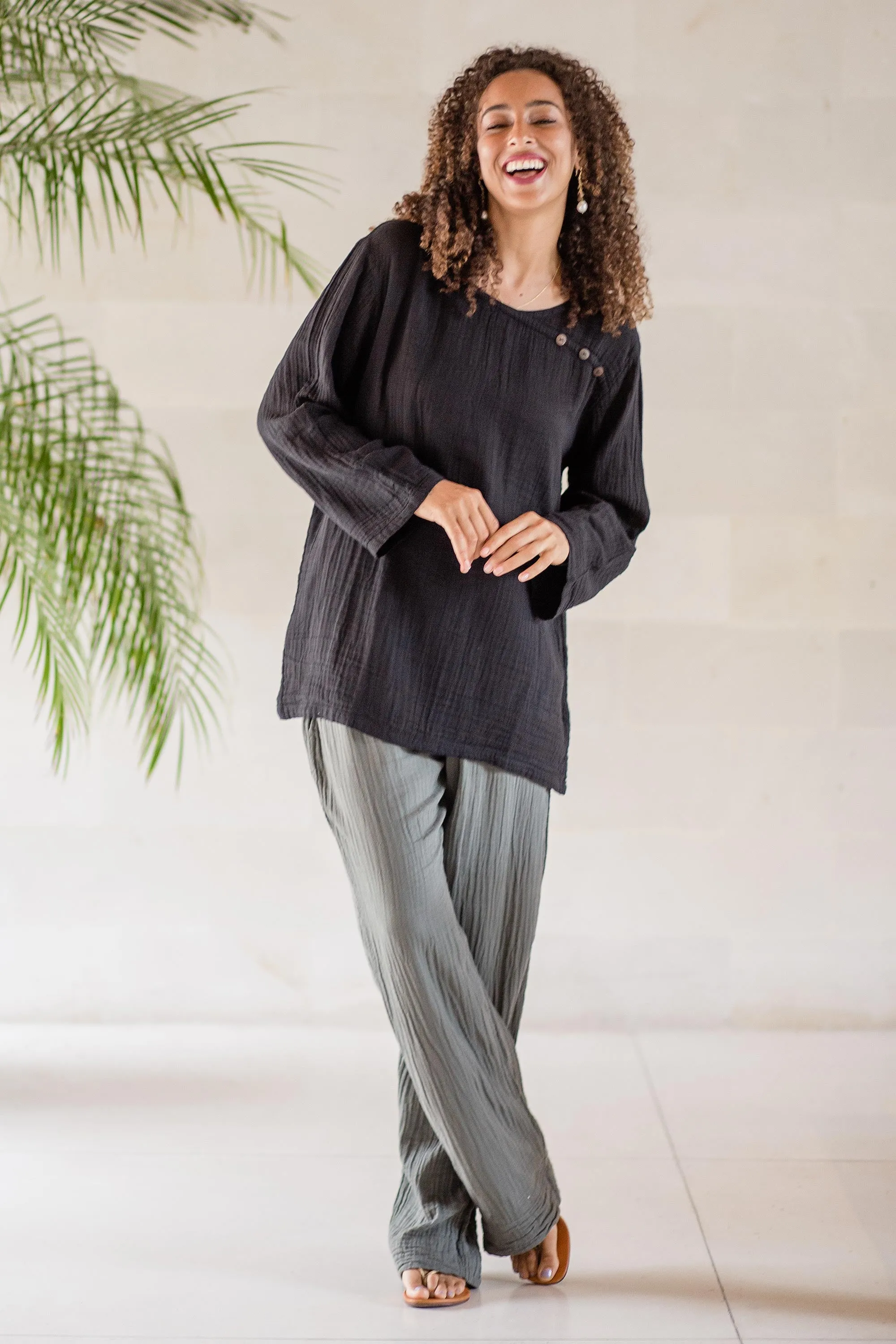 Hand Made Double Gauze Cotton Pants - Cool Classic in Grey | NOVICA