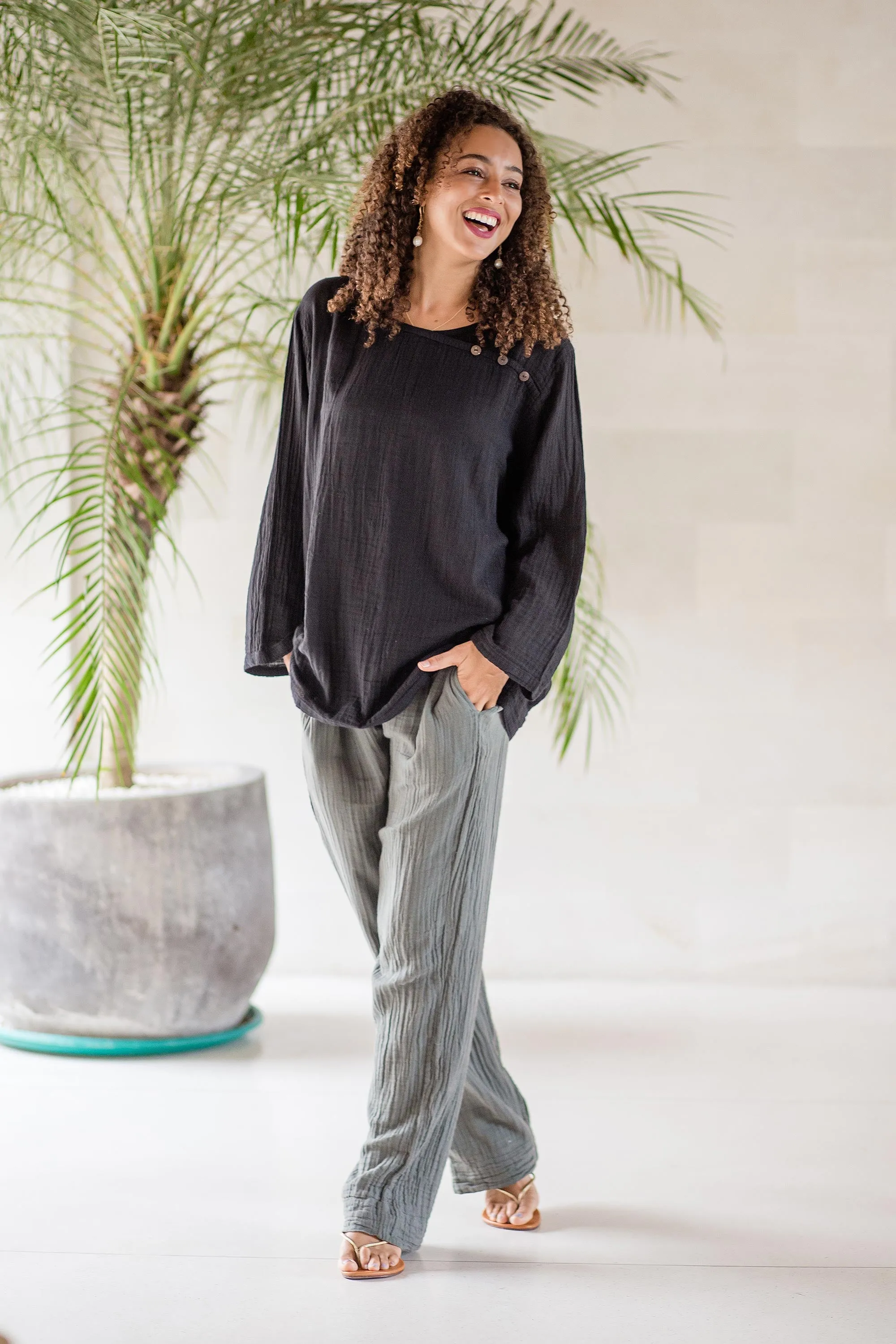 Hand Made Double Gauze Cotton Pants - Cool Classic in Grey | NOVICA