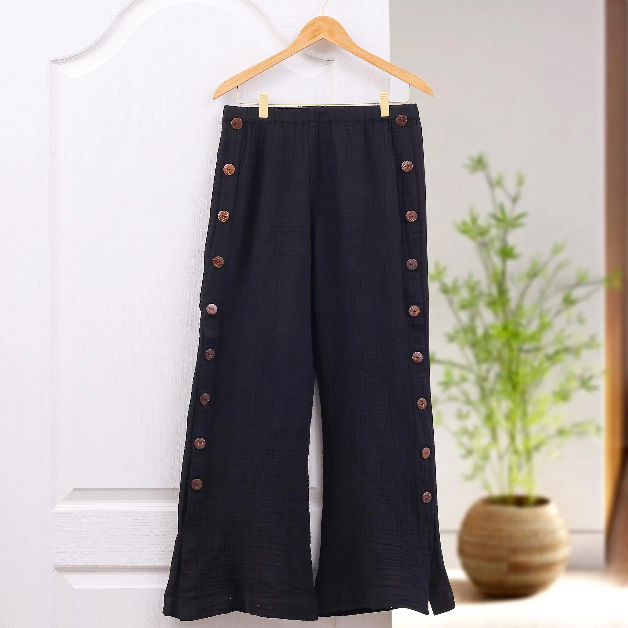 Handcrafted Cotton Double Gauze Pants - Out of Office in Black | NOVICA
