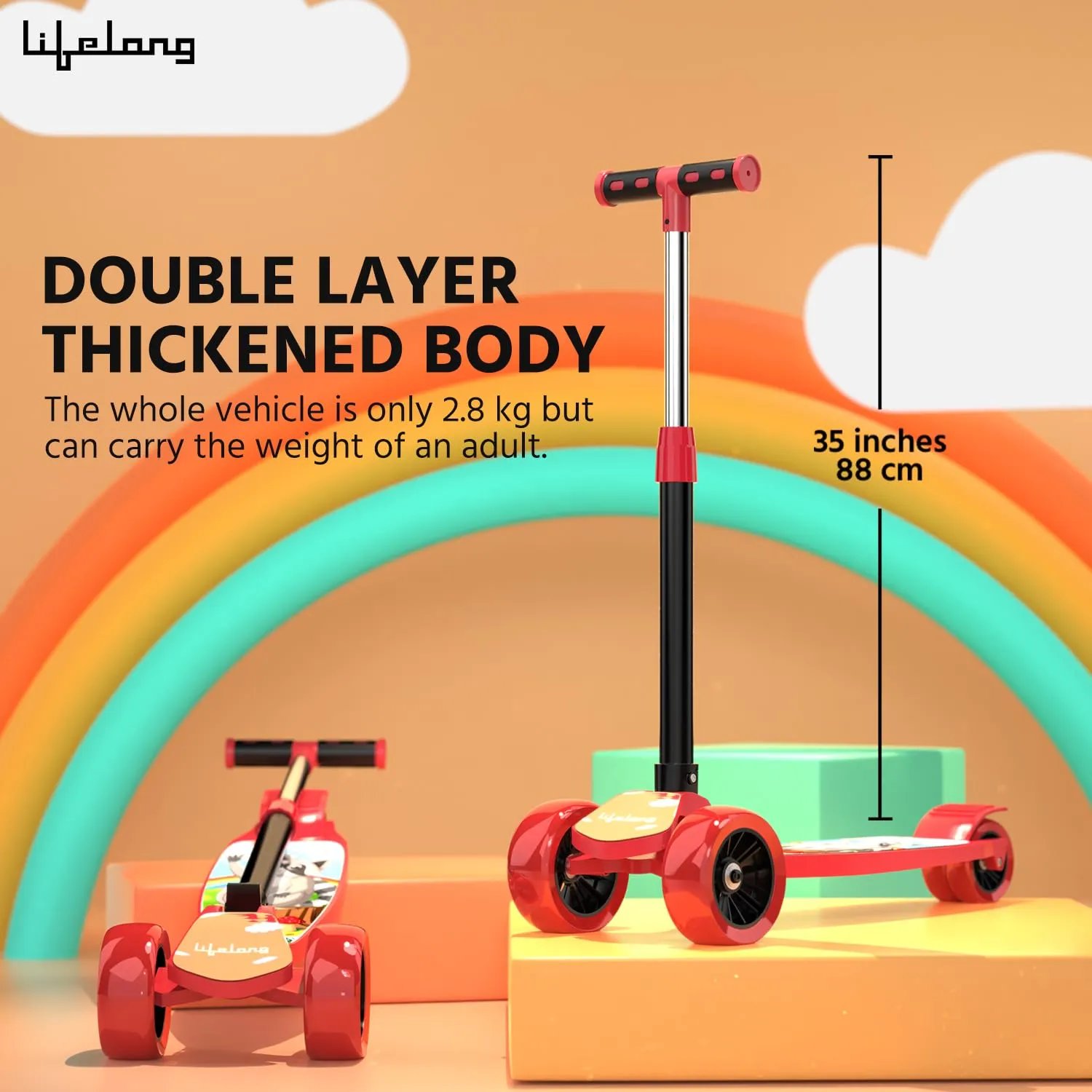 Lifelong Kick Scooter with Adjustable Height - Foldable Scooter - Skate Scooter for Kids with PVC Wheel - Max User weight-50 kg, Red & Black, 6 Months Manufacturer's Warranty, LLKS02
