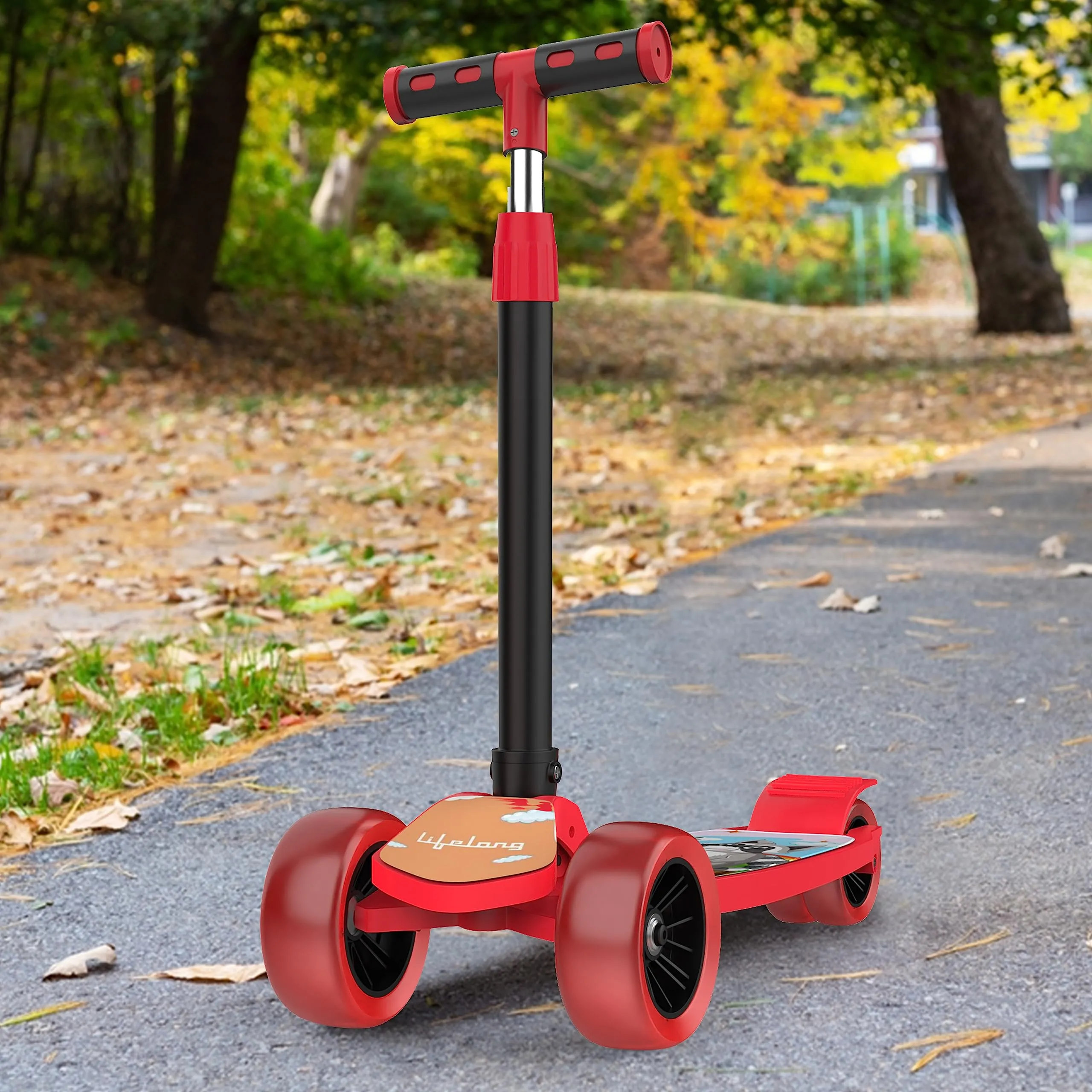 Lifelong Kick Scooter with Adjustable Height - Foldable Scooter - Skate Scooter for Kids with PVC Wheel - Max User weight-50 kg, Red & Black, 6 Months Manufacturer's Warranty, LLKS02
