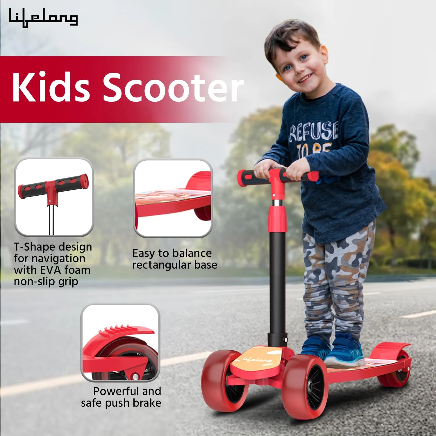 Lifelong Kick Scooter with Adjustable Height - Foldable Scooter - Skate Scooter for Kids with PVC Wheel - Max User weight-50 kg, Red & Black, 6 Months Manufacturer's Warranty, LLKS02