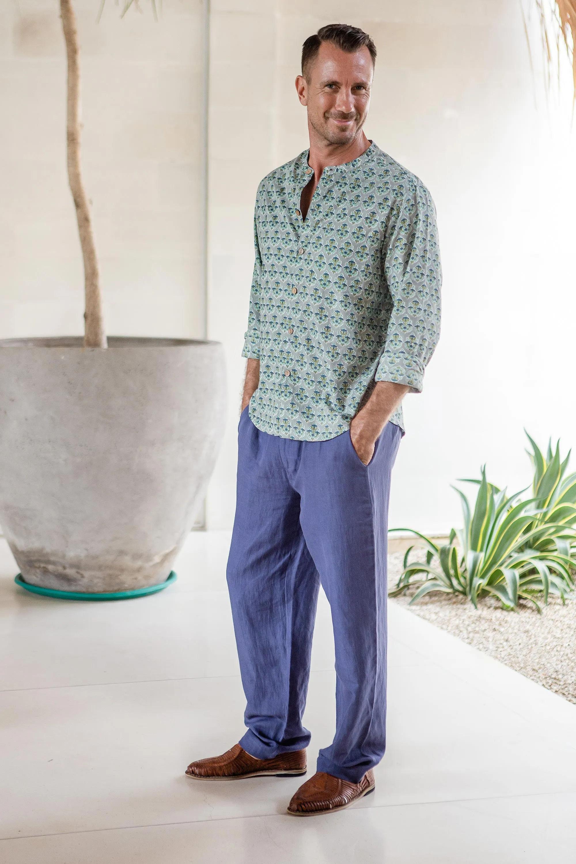 Men's Blue Linen-Blend Pants - Center Stage in Navy | NOVICA