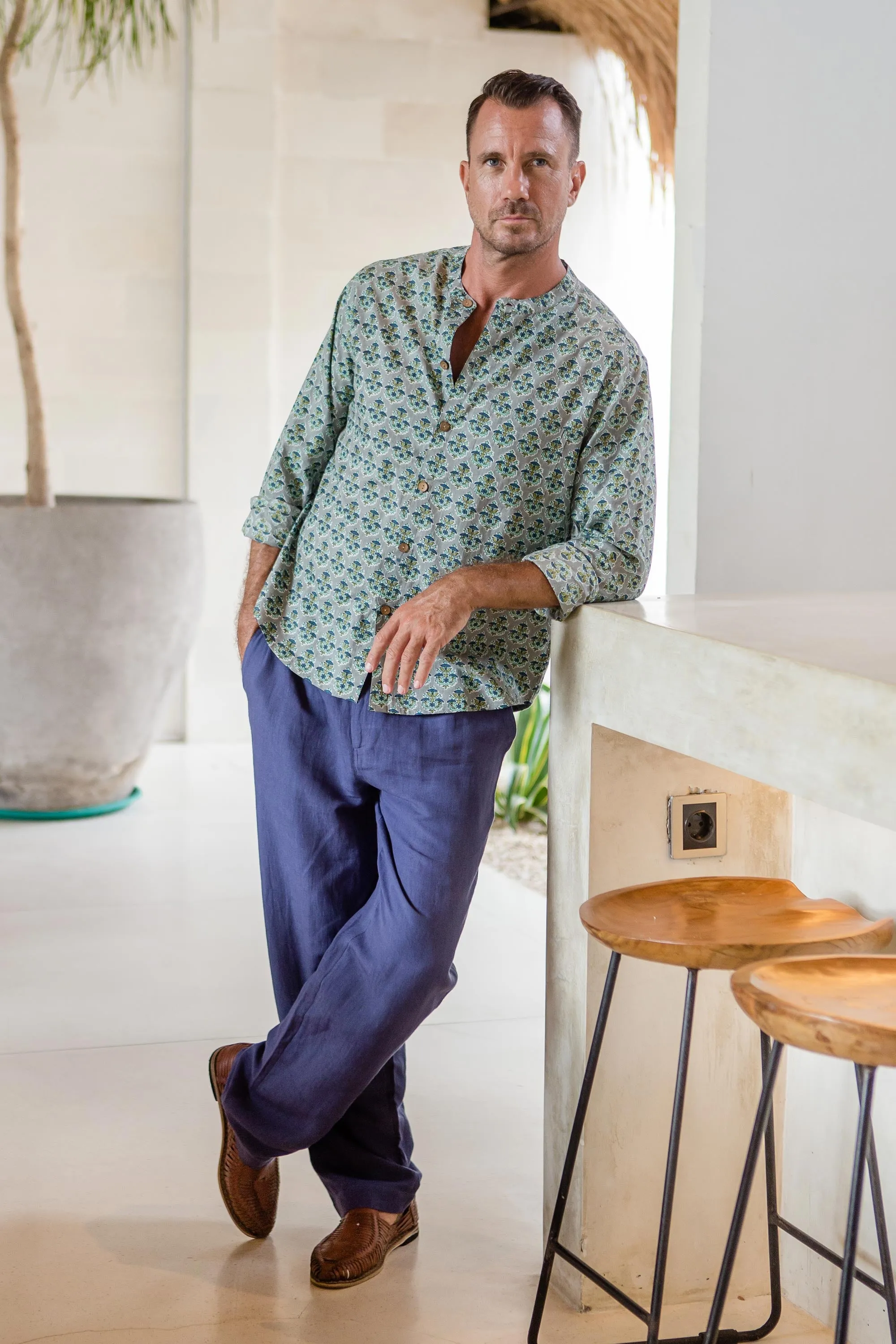 Men's Blue Linen-Blend Pants - Center Stage in Navy | NOVICA
