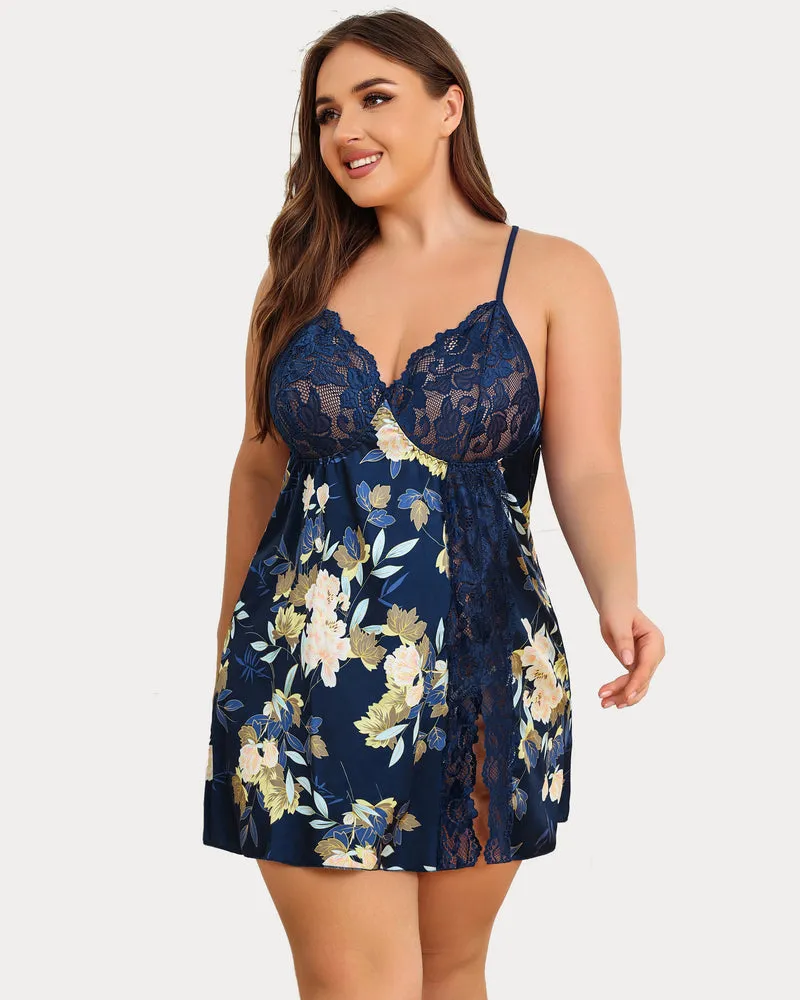 Plus Size Satin Lace Side Slit Chemise