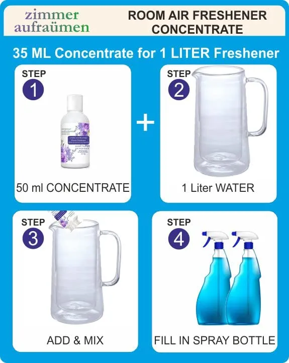 Room Air Freshener Concentrate (makes 3 Liters Freshener) - Natural Essential Oil Based (Lavender Rose Lemon) with Reusable Spray Bottle. For Bedroom, livingroom, Bathroom and cooler perfume