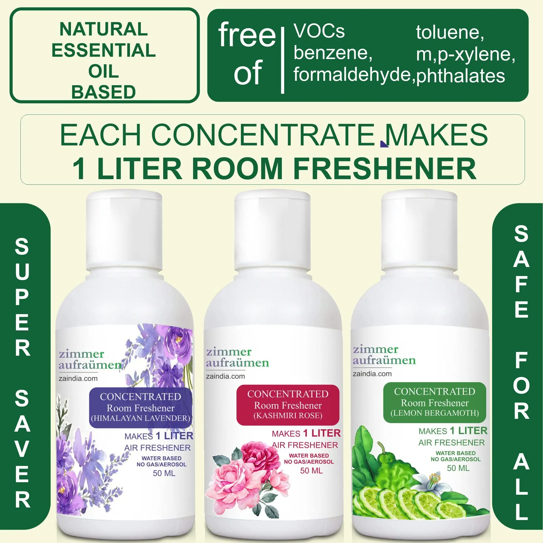 Room Air Freshener Concentrate (makes 3 Liters Freshener) - Natural Essential Oil Based (Lavender Rose Lemon) with Reusable Spray Bottle. For Bedroom, livingroom, Bathroom and cooler perfume