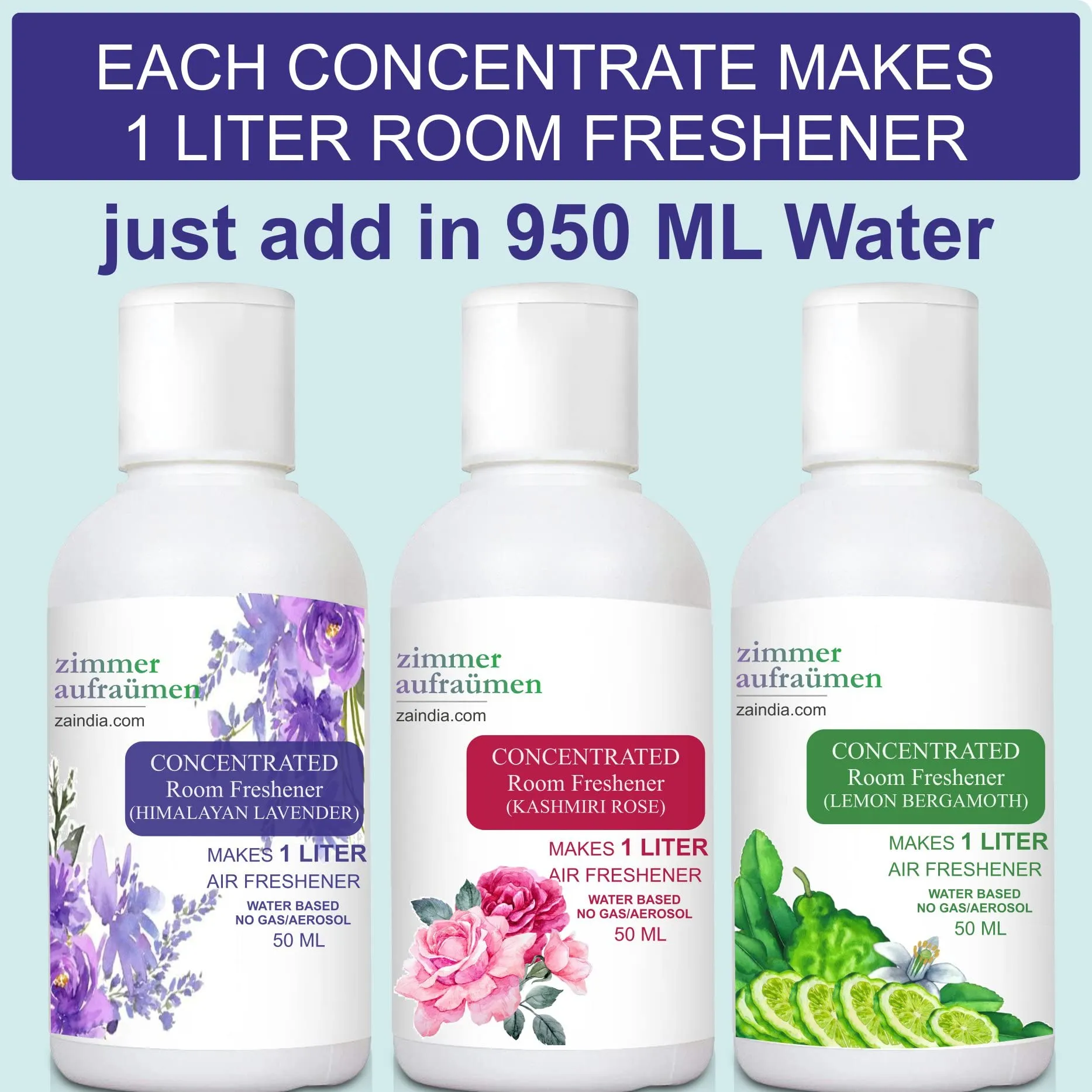 Room Air Freshener Concentrate (makes 3 Liters Freshener) - Natural Essential Oil Based (Lavender Rose Lemon) with Reusable Spray Bottle. For Bedroom, livingroom, Bathroom and cooler perfume