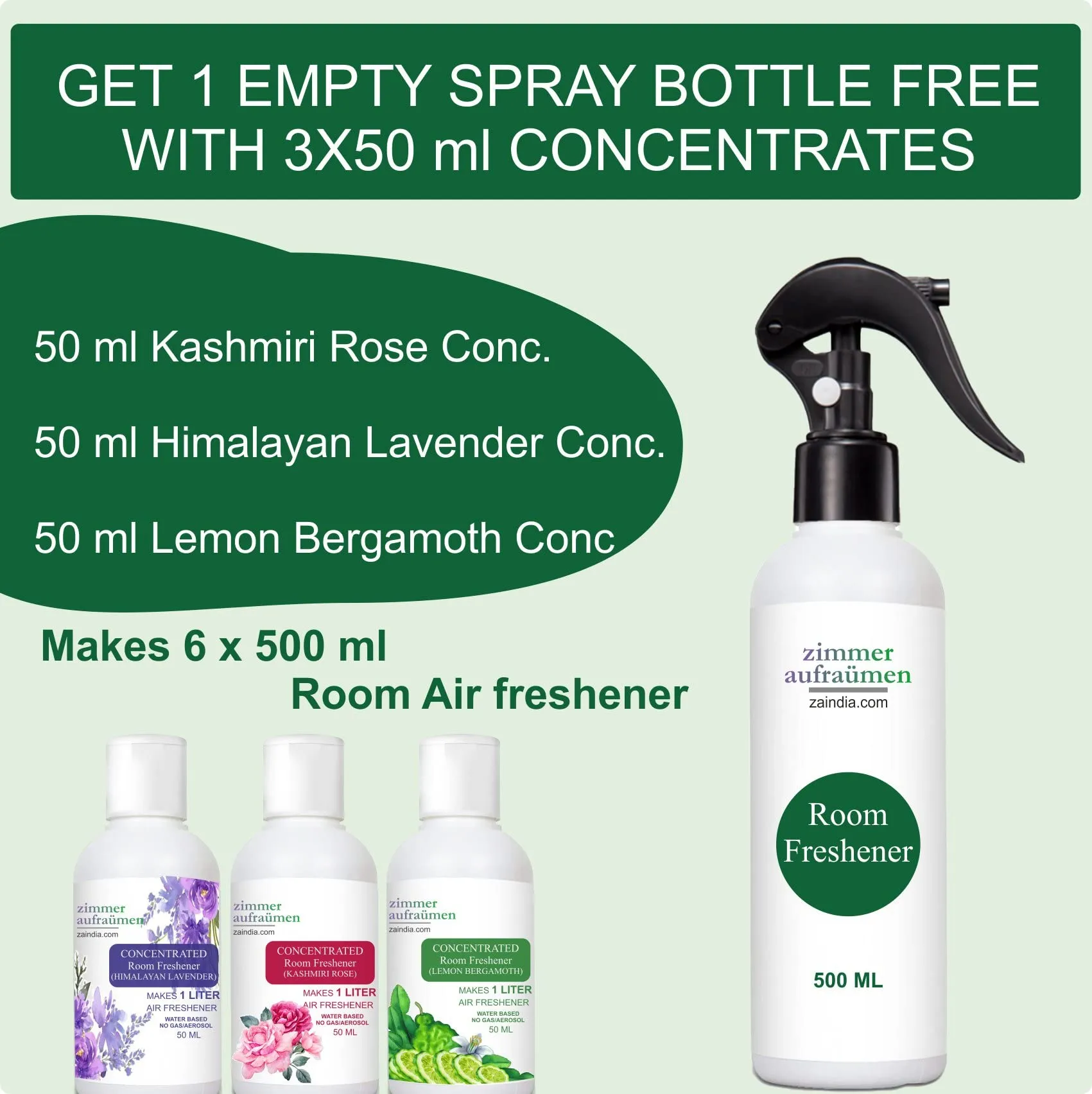 Room Air Freshener Concentrate (makes 3 Liters Freshener) - Natural Essential Oil Based (Lavender Rose Lemon) with Reusable Spray Bottle. For Bedroom, livingroom, Bathroom and cooler perfume