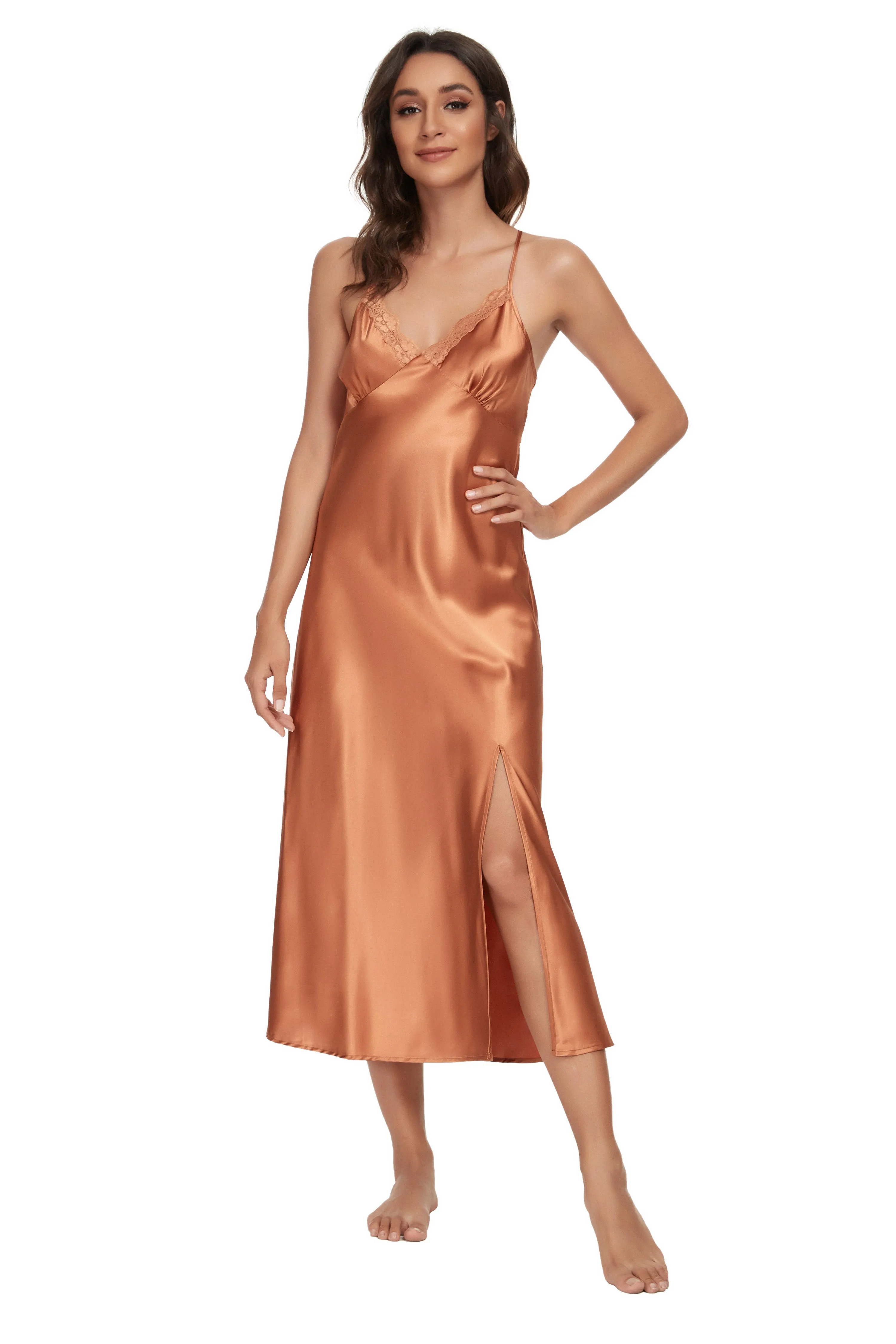 Sexy V-neck Nightgown Lace Lingerie Chemises Sleeveless Sleep Dress For Women Elegant Caramel