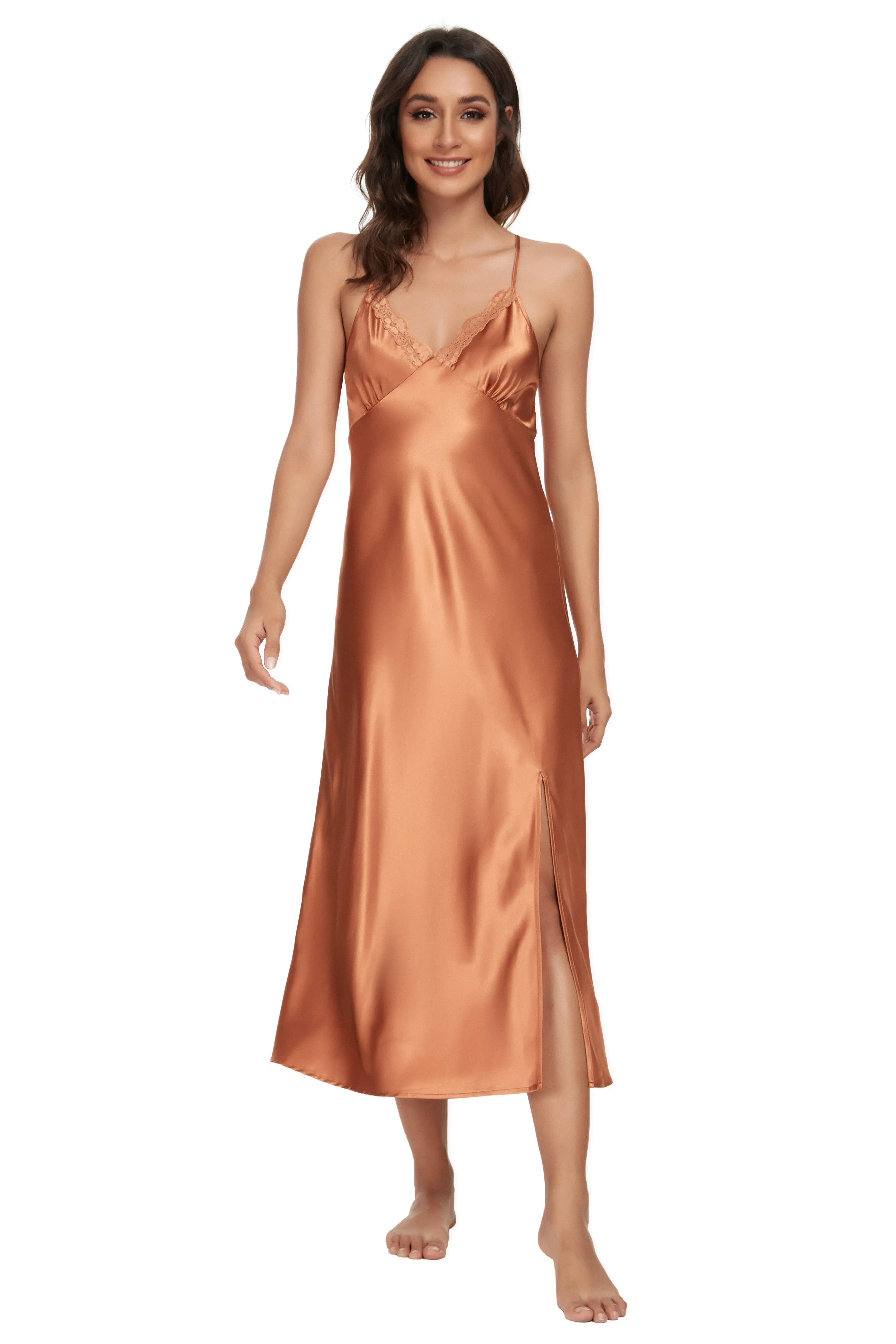 Sexy V-neck Nightgown Lace Lingerie Chemises Sleeveless Sleep Dress For Women Elegant Caramel