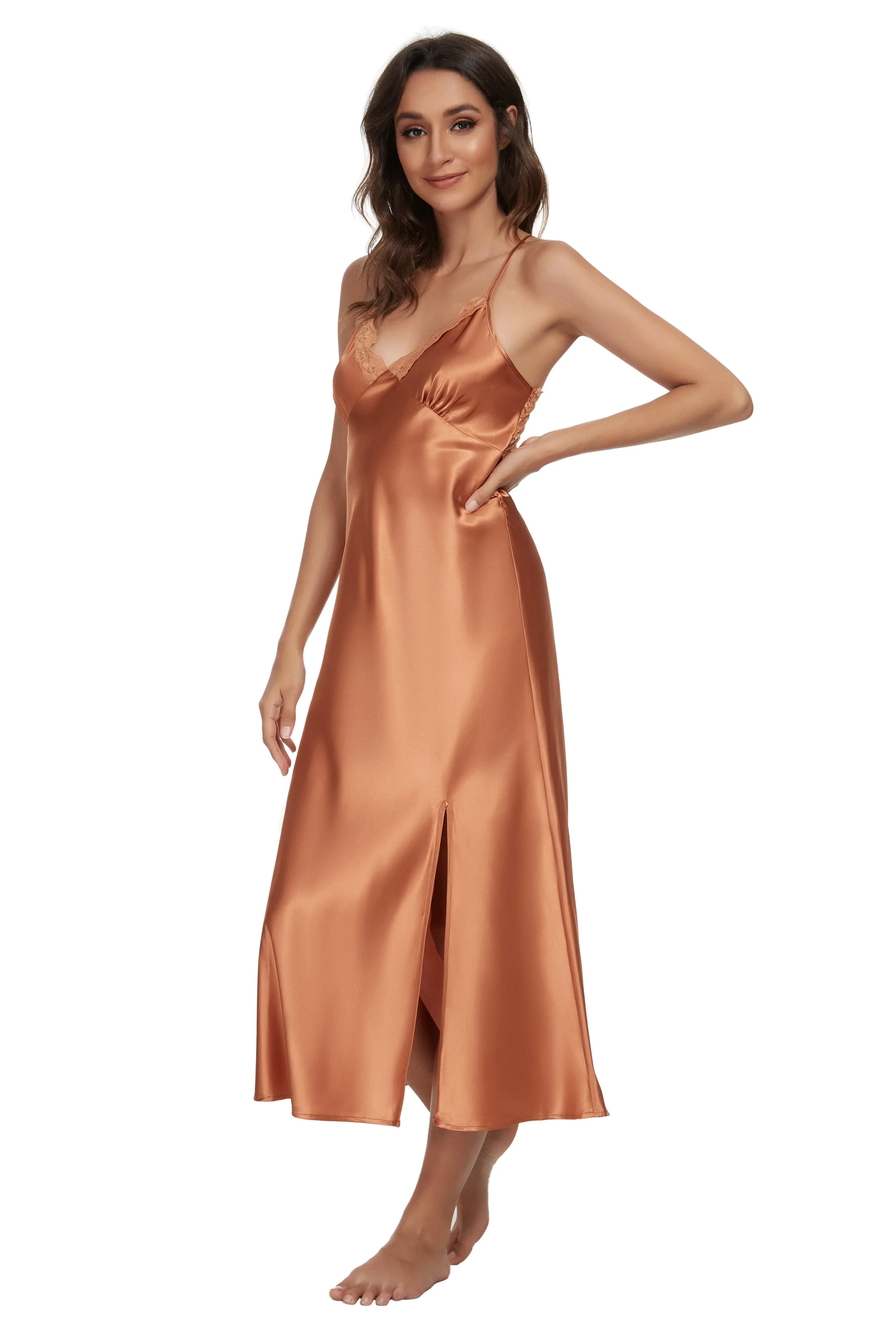 Sexy V-neck Nightgown Lace Lingerie Chemises Sleeveless Sleep Dress For Women Elegant Caramel