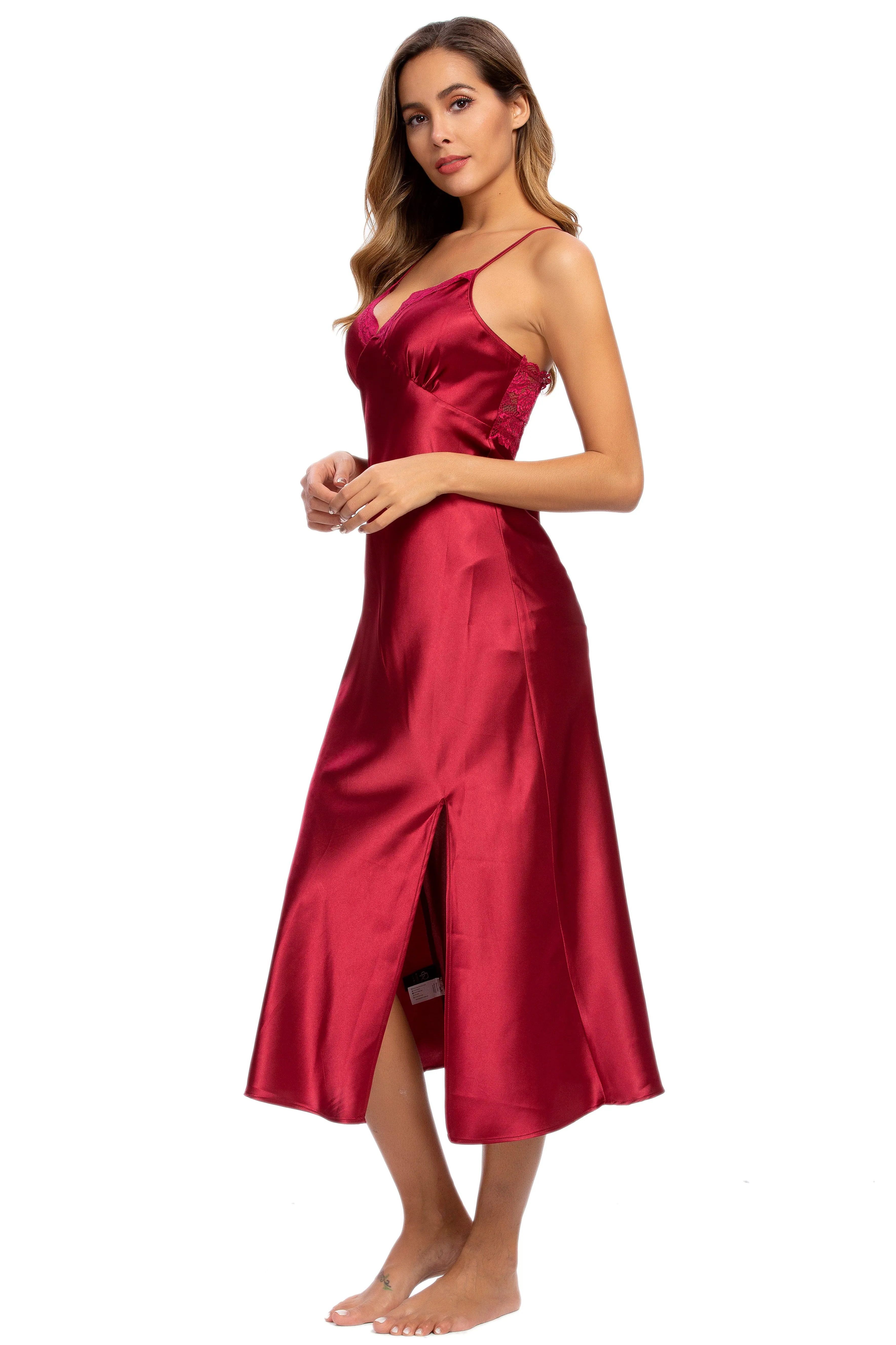 Sexy V-neck Nightgown Lace Lingerie Chemises Sleeveless Sleep Dress For Women Elegant Wine
