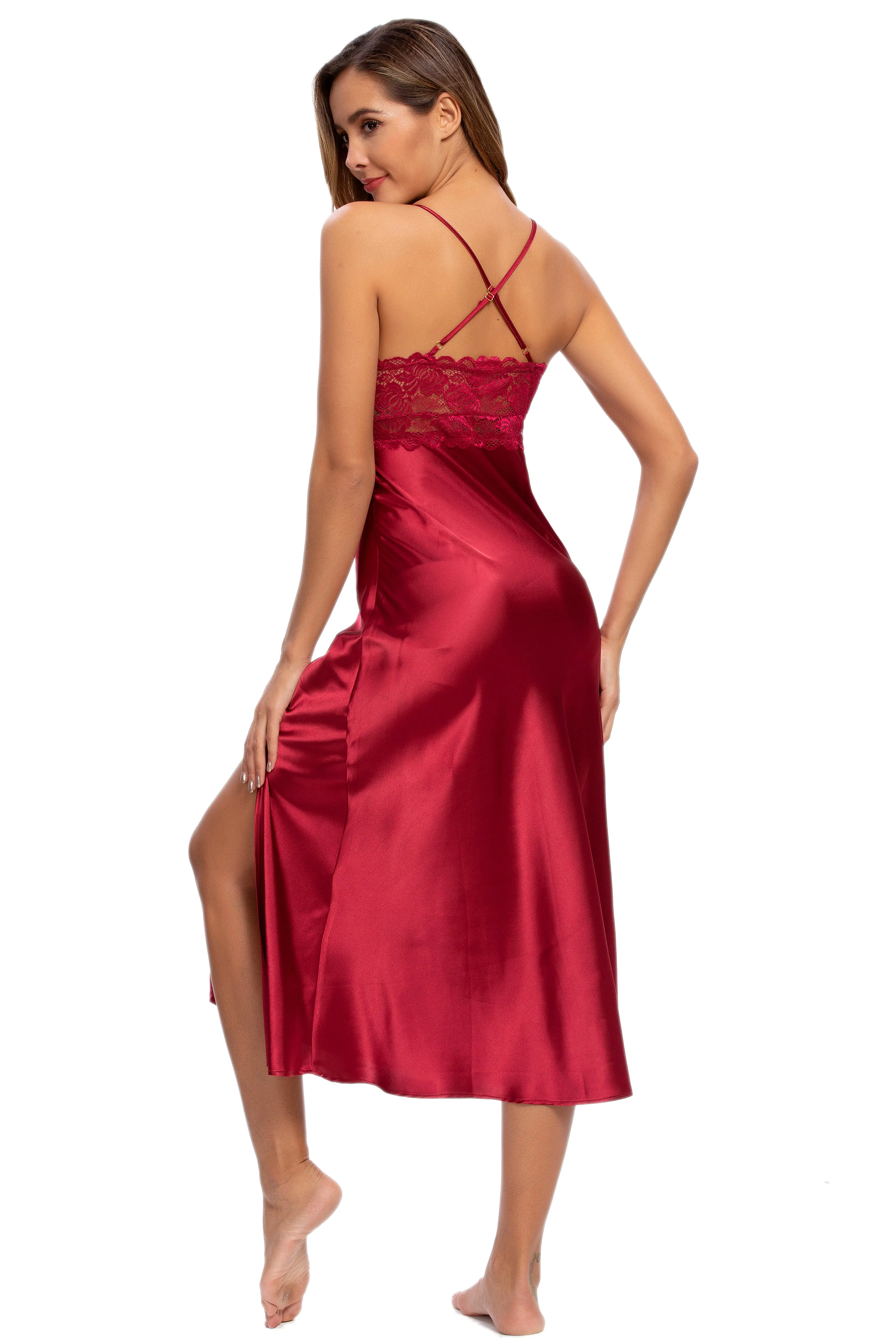 Sexy V-neck Nightgown Lace Lingerie Chemises Sleeveless Sleep Dress For Women Elegant Wine