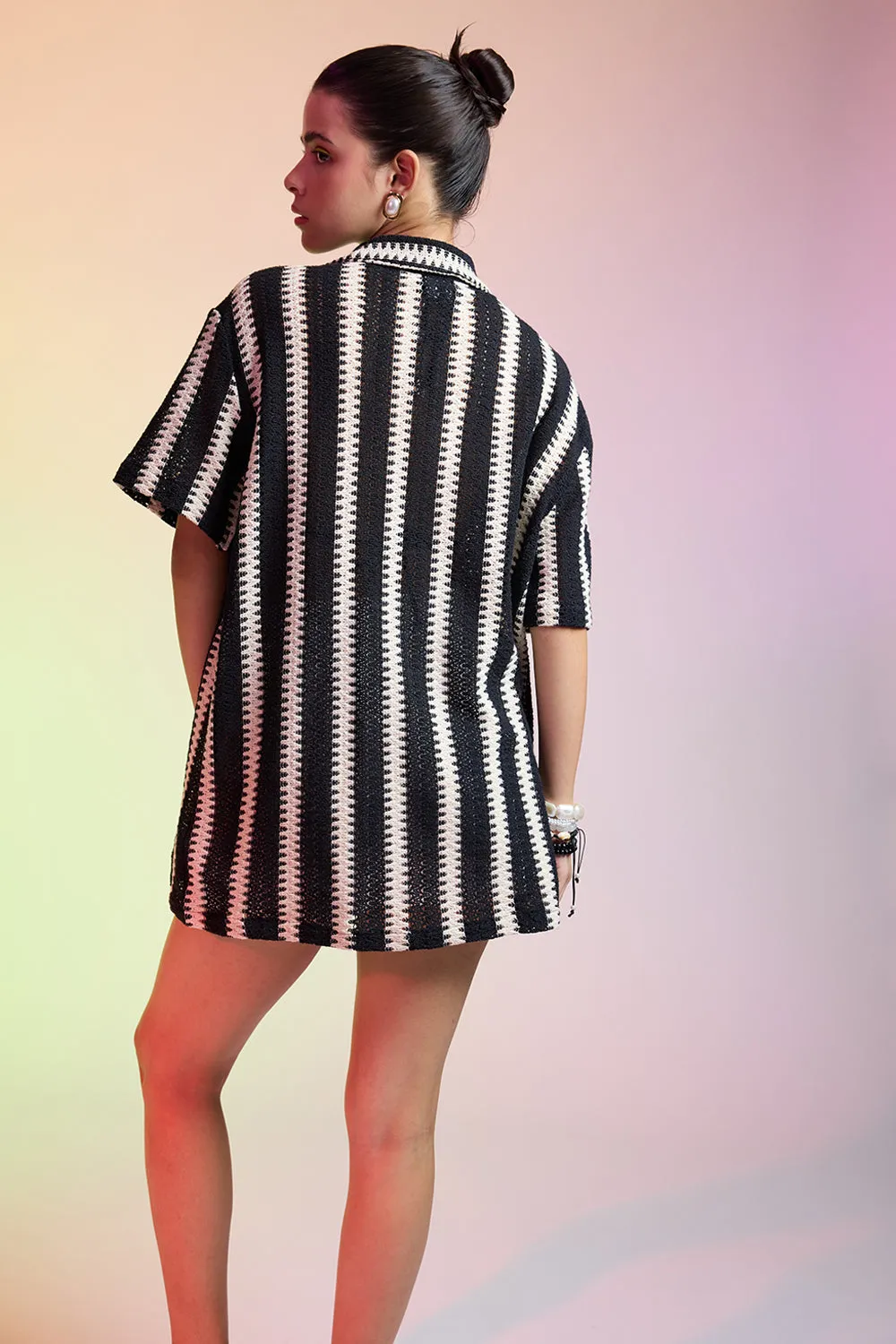 Textured Crochet Achromatic Women's Shirt