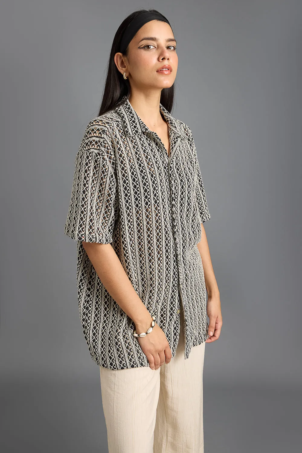 Textured Crochet Monochromic Women's Shirt