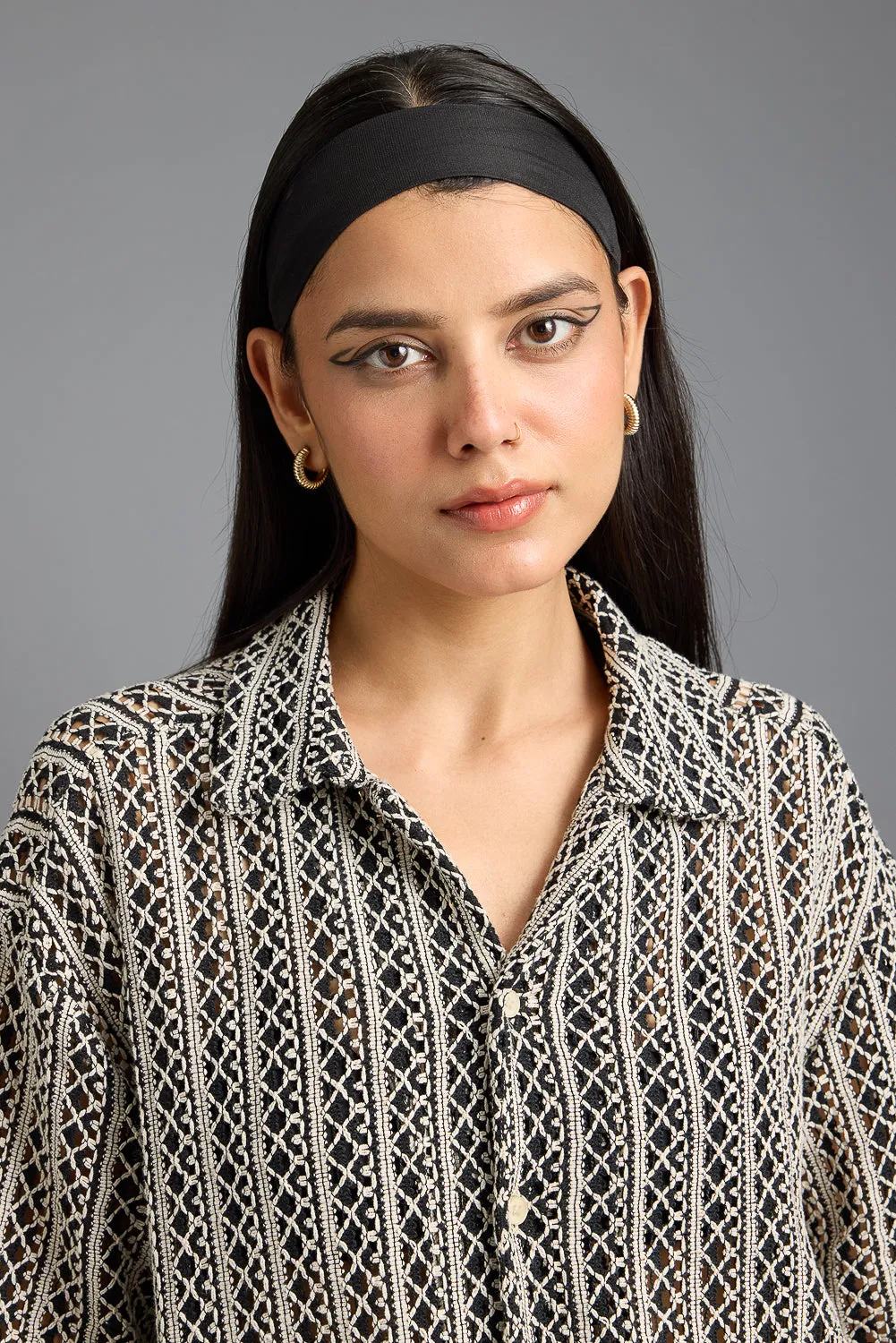 Textured Crochet Monochromic Women's Shirt