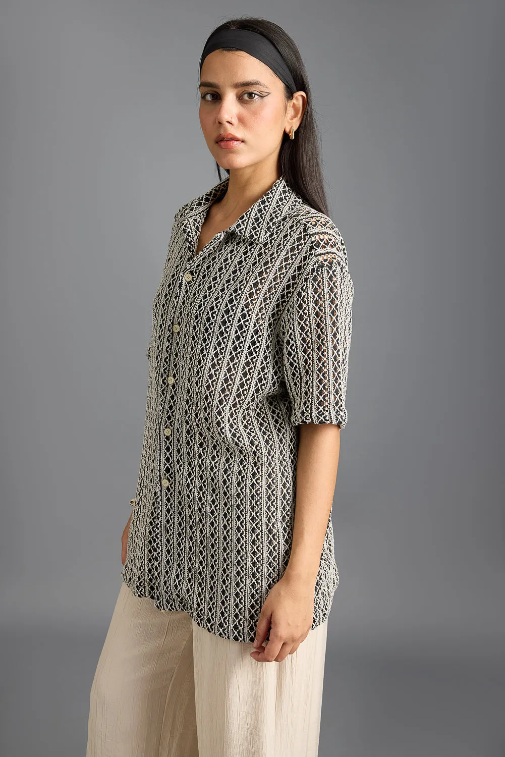Textured Crochet Monochromic Women's Shirt