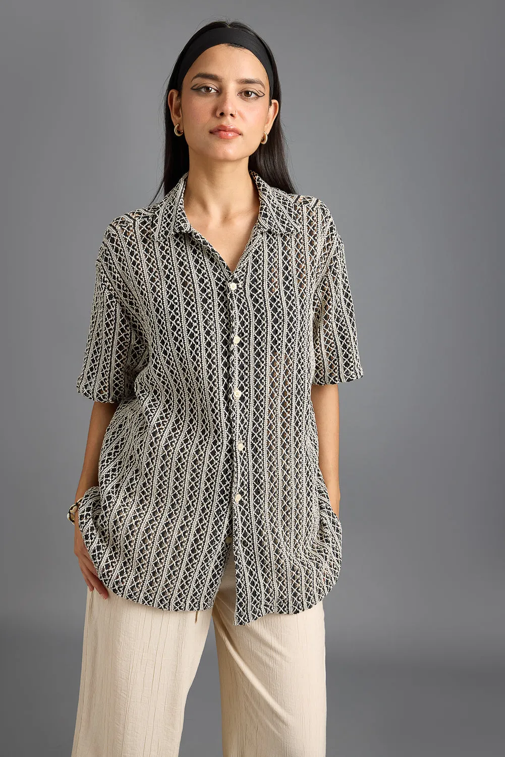 Textured Crochet Monochromic Women's Shirt