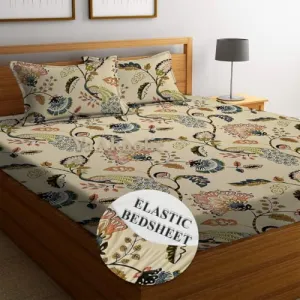 YaAkholic 220 TC Elastic Fitted Double King Size Bed Cotton Bedsheets with 2 Pillow Covers - King Size 78" x 72" Lruxurious Bedding Set for Ultimate Comfort and Style (Beige KUNDAL)